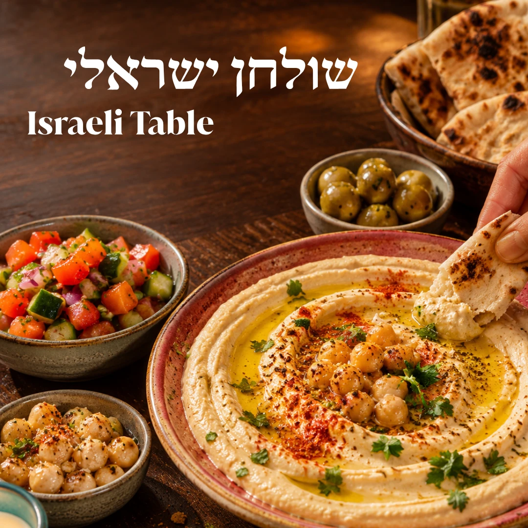 Hummus served with warm laffa, a chopped Israeli salad, olives and spiced chickpeas on a wooden table, with the words Israeli Table in Hebrew and English | חומוס עם לאפה חמה, סלט ישראלי קצוץ, זיתים וגרגירי חומוס מתובלים על שולחן עץ, עם הכיתוב שולחן ישראלי ו-Israeli Table